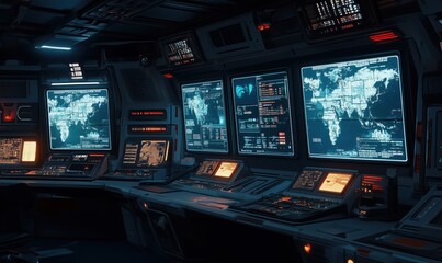 Poster - Futuristic control room with advanced technology and global data displays