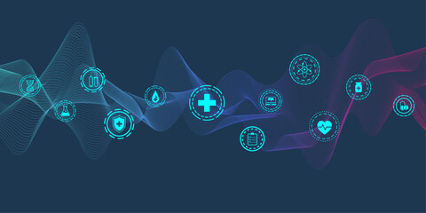 Aufkleber - Modern health care banner template with flat icons. Medical innovation concept for header, web banner, website, presentation. Vector illustration
