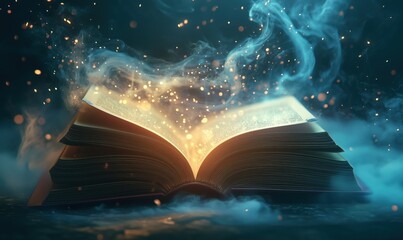 Poster - Magical glowing book with swirling mist and sparkling particles in dark atmosphere
