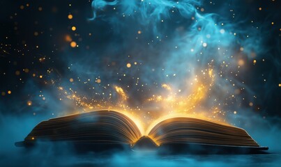 Poster - Magical open book with glowing pages and ethereal smoke effects