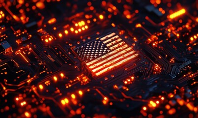 Poster - American flag illuminated on circuit board background showcasing technology and patriotism