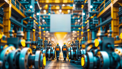 Poster - workers inspecting machinery in a large industrial facility during the day