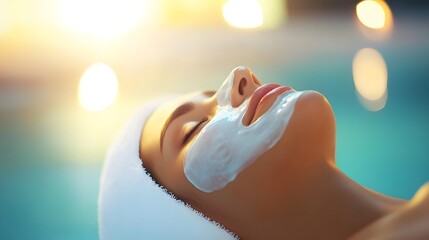 Soft-focus image of a person applying a hydrating face mask, with dewy skin