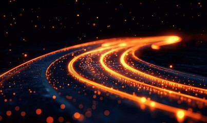 Poster - Glowing orange light trails with sparkling particles on dark background