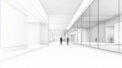 Poster - minimalist architectural rendering of an interior hallway with people walking