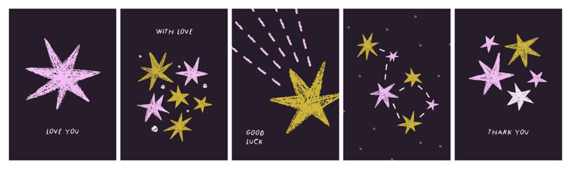 Leinwandbilder - Stars on cute greeting cards. Starry postcard designs set with night sky, constellation, sparkle, twinkle drawings. Festive doodle-style posters, vertical backgrounds. Hand-drawn vector illustrations