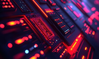 Poster - Futuristic circuit board with glowing red and blue lights in abstract technology design