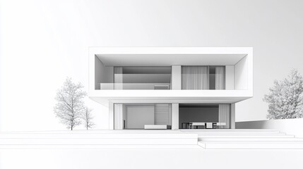Aufkleber - Modern Architecture Sketch of a Two Story House with Trees and White Background