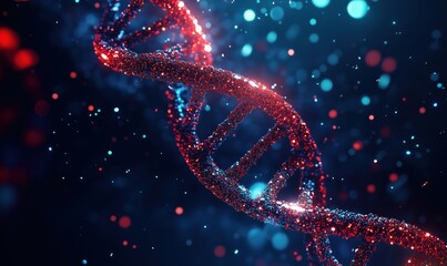 Poster - Glowing DNA Helix with Sparkling Particles in Blue and Red Background