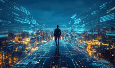 Poster - Futuristic cityscape with a man walking towards digital skyline at night