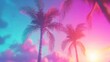 © Bundi - The visual representation of a summer vacation is embodied by palm trees juxtaposed with a vibrant sunset sky, embracing the unique blend of retrowave, synthwave, and vaporwave aesthetics, and