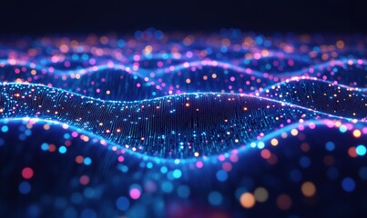 Poster - Colorful abstract wave patterns with glowing particles in a digital landscape