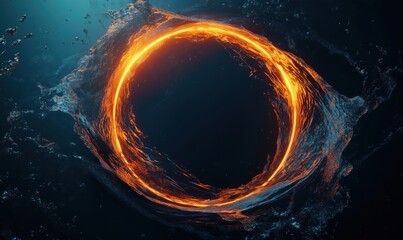 Poster - Glowing orange circular ring surrounded by splashing water in dark background