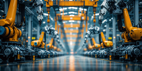 Poster - advanced industrial robotics line displayed in a modern manufacturing facility