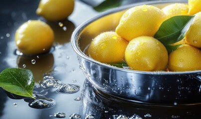 Poster - Fresh lemons in a bowl with water droplets and green leaves on a reflective surface