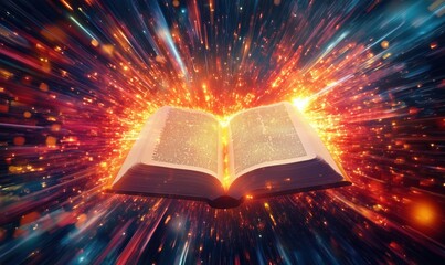Poster - open book surrounded by vibrant light and energy bursts representing knowledge and imagination