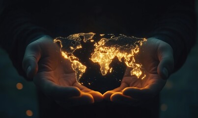 Poster - Glowing world map held in hands symbolizing global connection and unity
