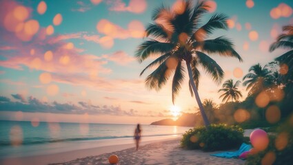 Wall Mural - sunset at a tranquil beach with palm trees and a silhouette of a person walking along the shore