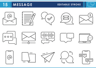 Fototapete - A set of line icons related to Message. Chat, digital, direct, note, mail, notify, and so on. Vector editable stroke.
