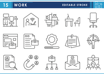 Leinwandbilder - A set of line icons related to Work and Jobs. Hired, workspace, vacancy, target, magnet, CV, and so on. Vector editable stroke.
