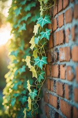 Poster - Ivy climbing a rustic brick wall during sunset in a serene outdoor setting