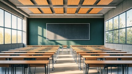 Poster - D illustration of a high school classroom with rows of wooden desks, large chalkboard, and soft daylight streaming in