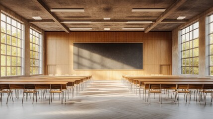 Poster - D illustration of a high school classroom with rows of wooden desks, large chalkboard, and soft daylight streaming in