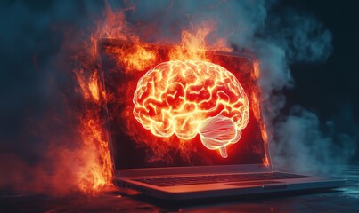 Poster - burning brain graphic on laptop screen representing creativity and innovation