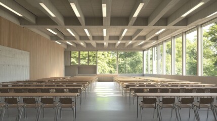 Poster - D visualization of a minimalist high school classroom with comfortable seating and neutral colors