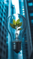 Poster - Green plant growing inside a clear light bulb against modern cityscape, symbolizing eco-friendly innovation. Sustainability and environmental concept