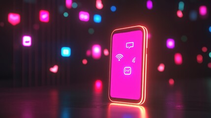 Poster - AI-powered digital marketing and social media concept, glowing smartphone with interactive app symbols