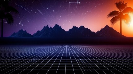 Poster - Retro sci-fi grid with 80's and 90's neon colors set against a night and sunset backdrop, depicted in a vintage cyberpunk illustration style with a retro synthwave twist