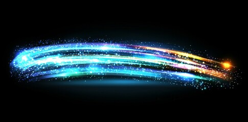 Poster - A digital representation of light rays and striped lines with a blue glow, conveying speed and motion blur, set against a dark blue backdrop