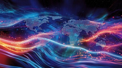 Aufkleber - Global Network: Illuminated World Map with Energetic Streams