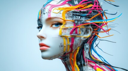 Poster - Woman's face is made of wires and has a colorful, futuristic look. The image is a representation of the idea of technology and its impact on human appearance. Scene is one of curiosity and wonder
