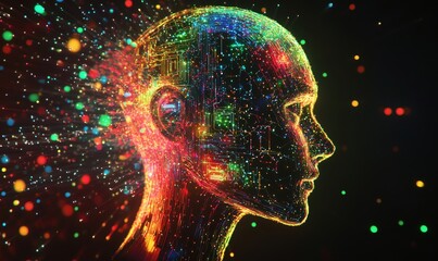 Poster - colorful digital human head silhouette with glowing circuits and particles