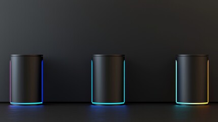 Poster - Futuristic podiums and teleport platforms boast a neon glow accompanied by a hologram effect, while 3D futuristic platforms feature blue neon beams isolated on a blue background