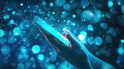 Poster - Blue-themed social networking concept with a female hand holding a smartphone, interactive media elements glowing