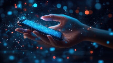 Poster - Blue-themed social networking concept with a female hand holding a smartphone, interactive media elements glowing