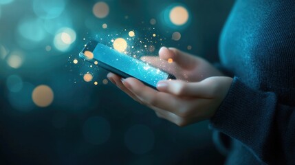 Poster - Blue-themed social networking concept with a female hand holding a smartphone, interactive media elements glowing