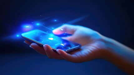 Poster - Business-oriented digital marketing scene with a woman's hand gripping a smartphone, glowing icons in blue space
