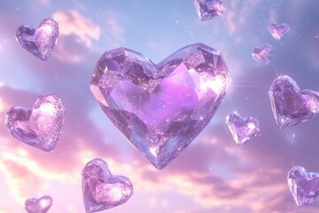 Wall Mural - surreal floating crystal hearts in misty lavender twilight sky, reflecting aurora borealis colors wi