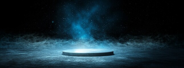 Poster - The cyberpunk background of the virtual 3D podium includes a blue neon circle, hologram platform, and digital elements that evoke a futuristic space