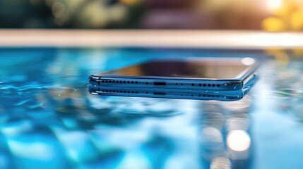 Poster - Close-up of smartphone lying on a crystal-clear water background, reflecting digital elegance