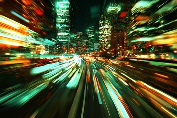 Fototapete - A digital realm highway is built on binary code and marked by trails of light speed