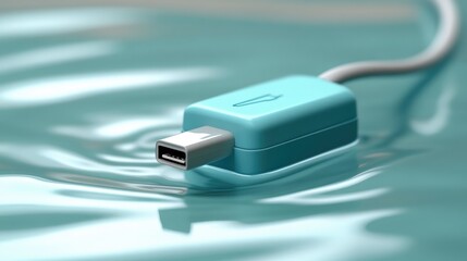 Poster - Digital charger cord floating on clear water, futuristic reflections and smooth ripples