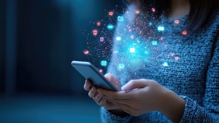 Poster - Digital communication technology showing a woman's hand gripping a smartphone, emitting social media symbols