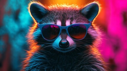 Poster - A raccoon wearing stylish sunglasses with neon lights, vivid colors. Cool animal portrait photography, urban wildlife aesthetic concept.
