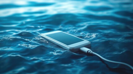 Poster - Elegant battery charger and USB cable resting on water, digital and clean energy theme