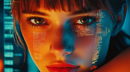 Poster - the concept of a woman engrossed in digital technology is depicted in a close-up portrait, embodying
